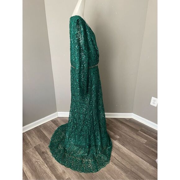 MAC DUGGAL EMBELLISHED WRAP OVER LONG SLEEVE GOWN - Picture 6 of 10